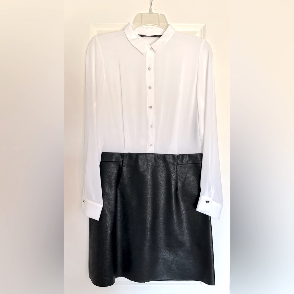 Zara Women White Button-Down Shirt Black Leather Skirt One-Piece Dress Set Sz M
